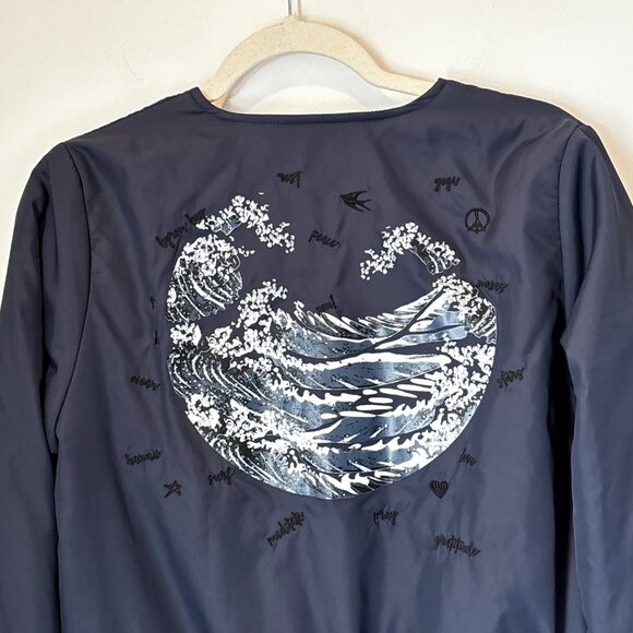 The Upside Byrow Bay Bomber Jacket with Pockets Size 6 Navy Biker Boho Art L60 - Picture 10 of 16